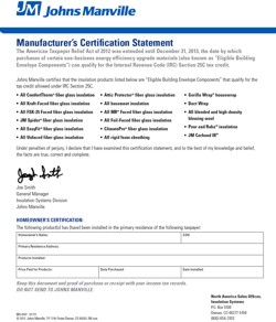Certification Statement ~ Tax Credit ~ John Mansville Corbond III (JM) (closed-cell spray foam)